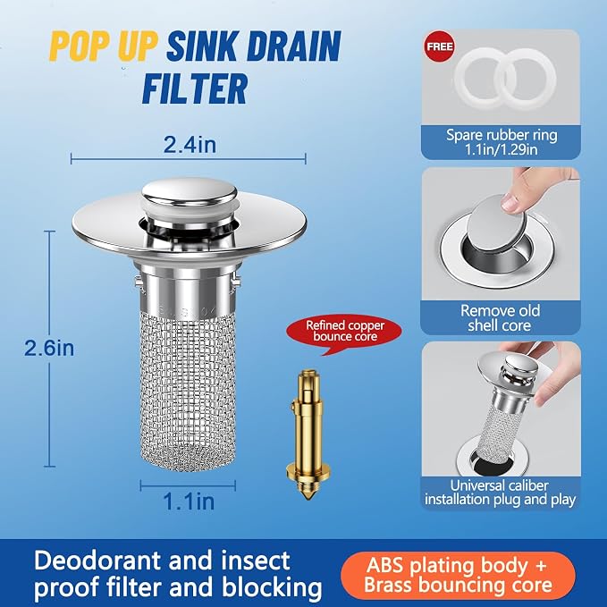 2PC Bathroom Sink Stopper Hair Catcher, Pop Up Sink Drain Filter - Image 4