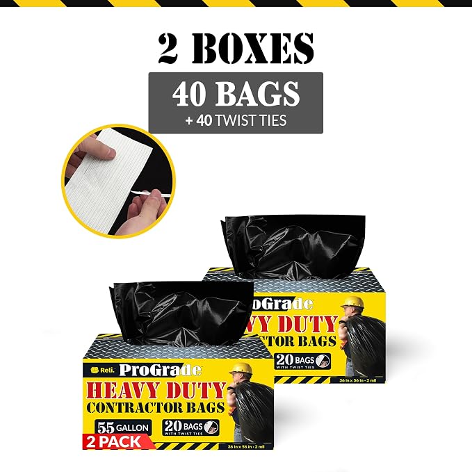 Reli. Contractor Garbage Bags 55 Gallon | 40 Trash Bags | Heavy Duty | Black - Image 4
