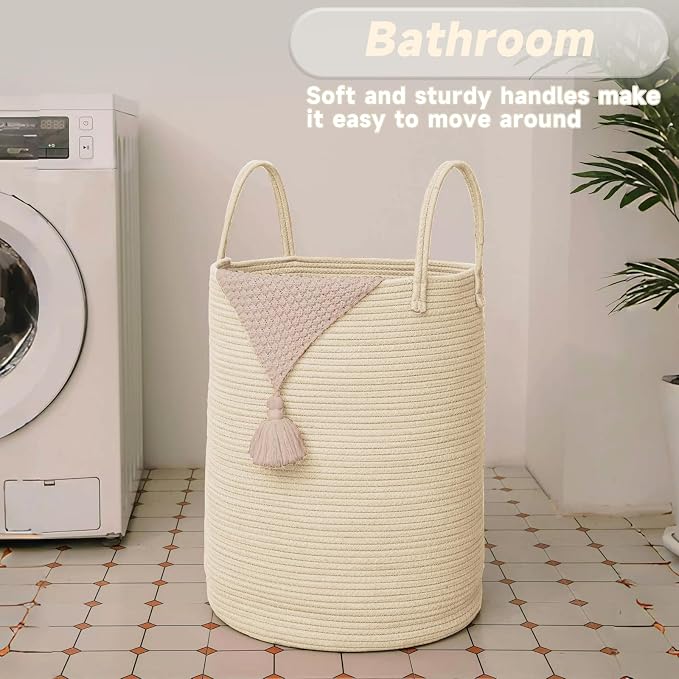 Large Woven Laundry Basket Hamper, 60L Cotton Rope Storage Bin - Image 5