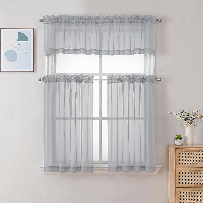 Chyhomenyc Sheer Light Grey Tier Curtains 24 Inch Length, Small Window Curtains - Image 2