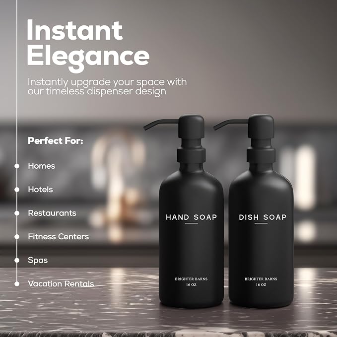 Black Glass Hand and Dish Soap Dispenser Set by Brighter Barns - Image 2