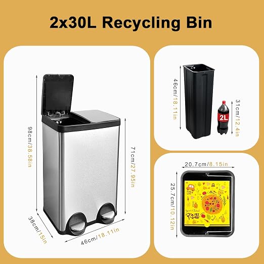 Dual Trash Can, 60 Liter/16 Gallon Dual Bin Trash Can - Image 5
