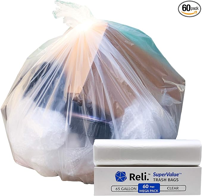Reli. SuperValue 65 Gallon Trash Bags | 60 Count | Made in USA | Heavy Duty | by Reli