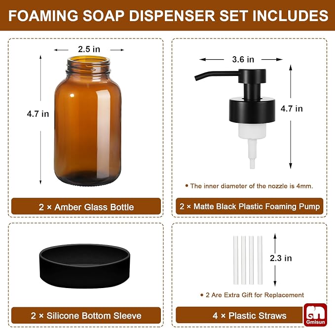 GMISUN Amber Foam Soap Dispenser, 8.5 Fl oz Amber Glass Foaming Hand Soap - Image 7