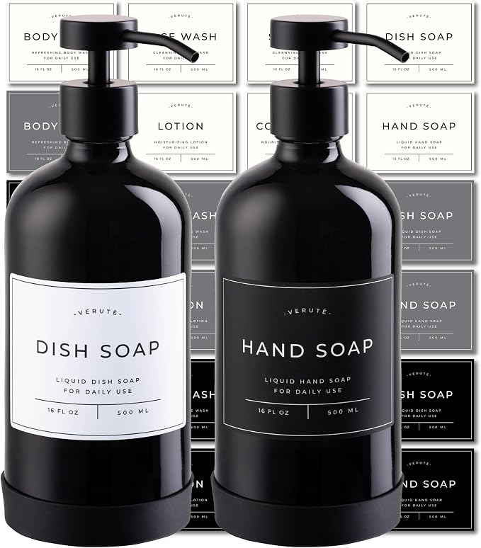 16oz Glass Soap Dispenser with Stainless Steel Pump, 21 Waterproof Labels by Verute