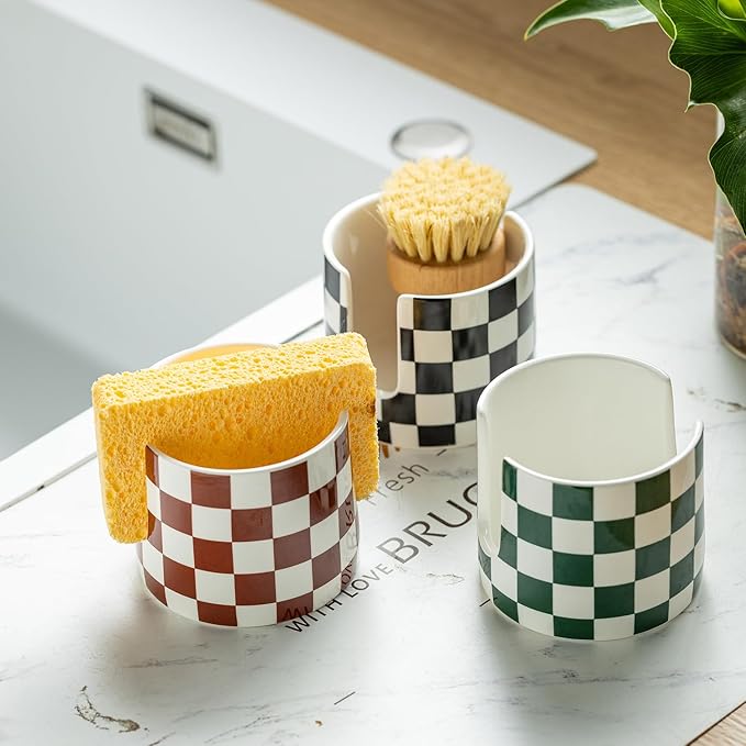 Checkered Sponge Holder for Kitchen Sink, Ceramic Dish Sponge Drying Caddy - Image 7
