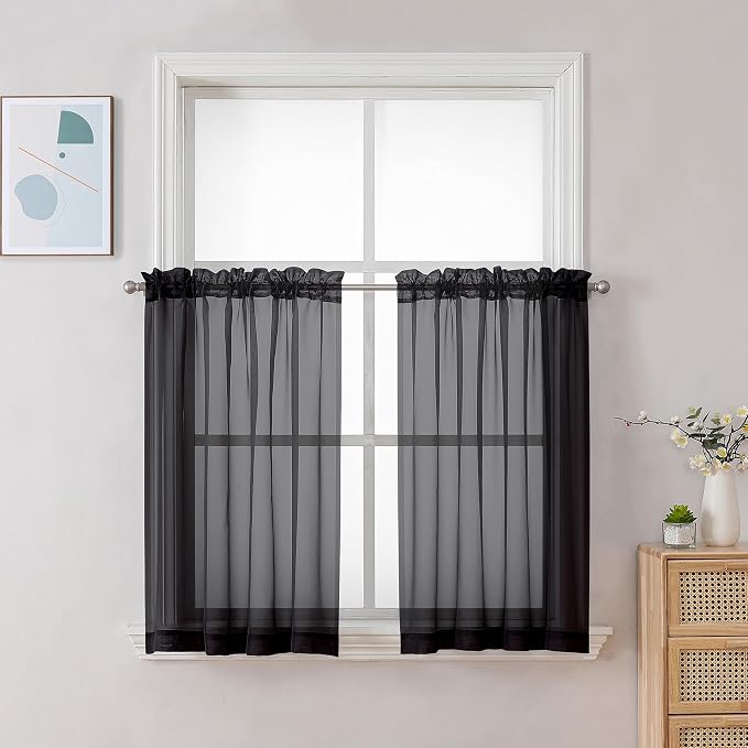 Chyhomenyc Black Sheer Curtains 30 inch Length 2 Panels, Light Filtering Voile by Chyhomenyc