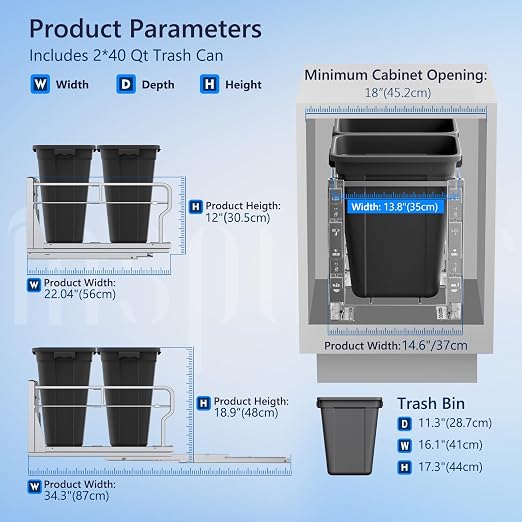 Insputer Double 40QT Pull Out Trash Can Under Cabinet, Heavy Duty Under Sink - Image 3