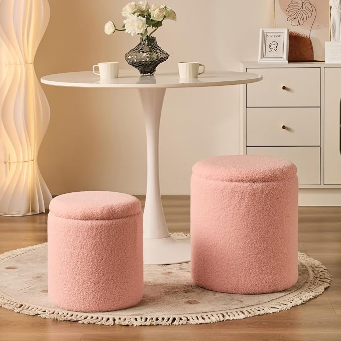 Round Ottoman with Storage Set of 2-Upholstered Sherpa Vanity Stool - Image 7
