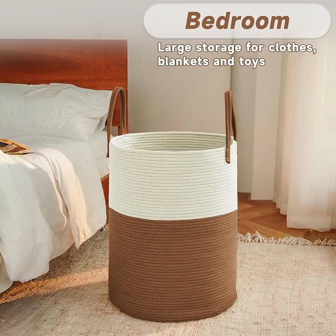 Large Woven Laundry Basket Hamper, 80L Cotton Rope Storage Bin - Image 4