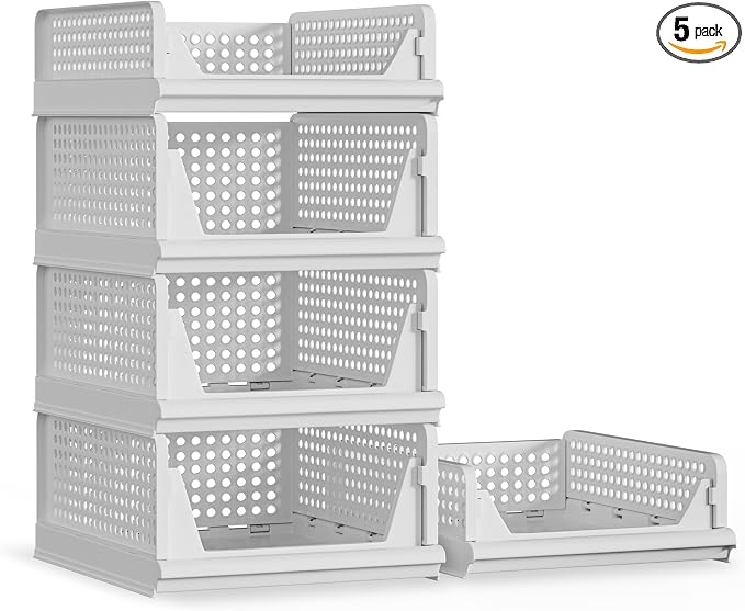 Proarea 5 Pack Stackable Plastic Storage Basket Closet Organizer Bin Foldable by Proarea
