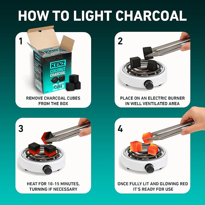KENZ Charcoal Cubes, 25mm Low Ash Coconut Charcoal Briquettes, 100% Natural - Image 6