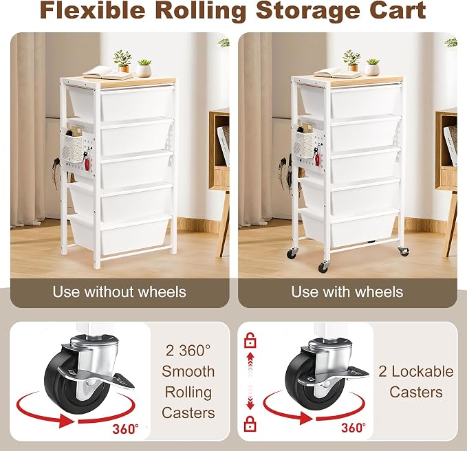 Rolling Cart with Drawers, Rolling Storage Cart with 4 Large Plastic Drawers & - Image 3