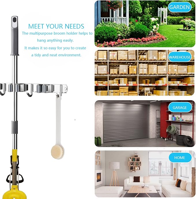 Mop and Broom Hanger Wall Mount, stainless steel Broom Hook Organizer Wall - Image 6