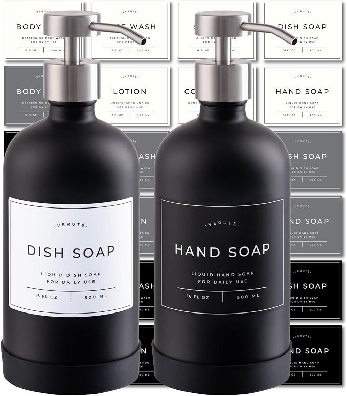 16oz Glass Soap Dispenser with Stainless Steel Pump, 21 Waterproof Labels by Verute