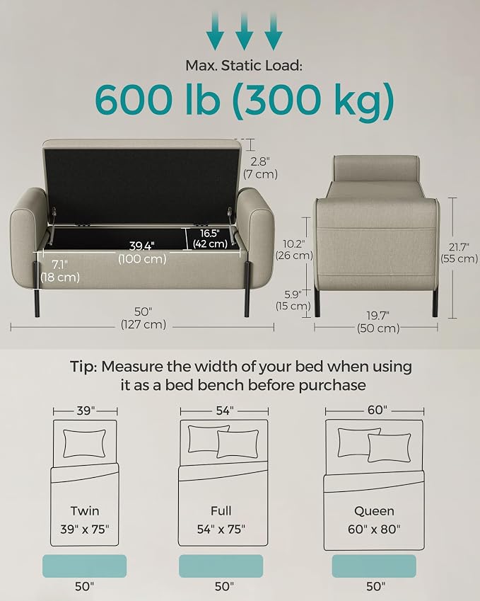 SONGMICS Storage Bench with Armrests, Ottoman with Storage - Image 3
