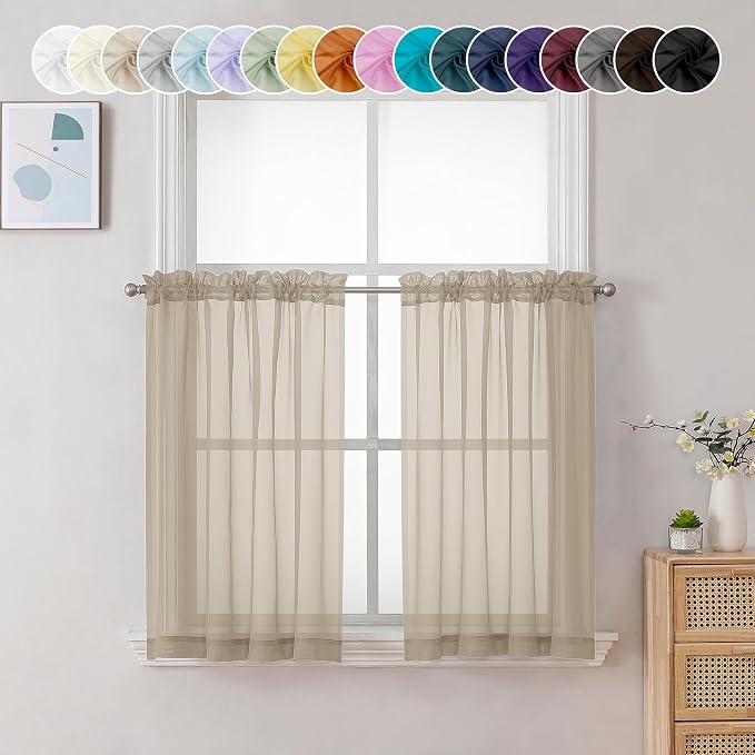 Chyhomenyc Taupe Sheer Curtains 24 Inch Length, Short Window Curtains by Chyhomenyc