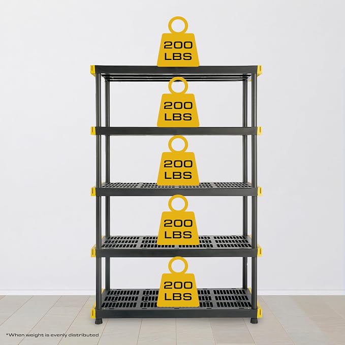 CX Black & Yellow®, 5-Tier Heavy Duty Plastic Storage Shelving Unit, - Image 4