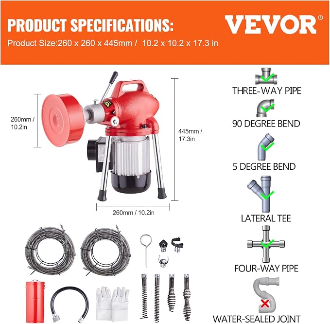 VEVOR Drain Cleaner Machine 120FT x 5/8 Inch, 370W Electric Sewer Snake Auger - Image 7