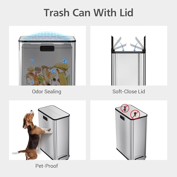 2 x 7.4 Gal Slim Trash Can, Stainless Steel Dual Compartment Step-On Recycling - Image 4