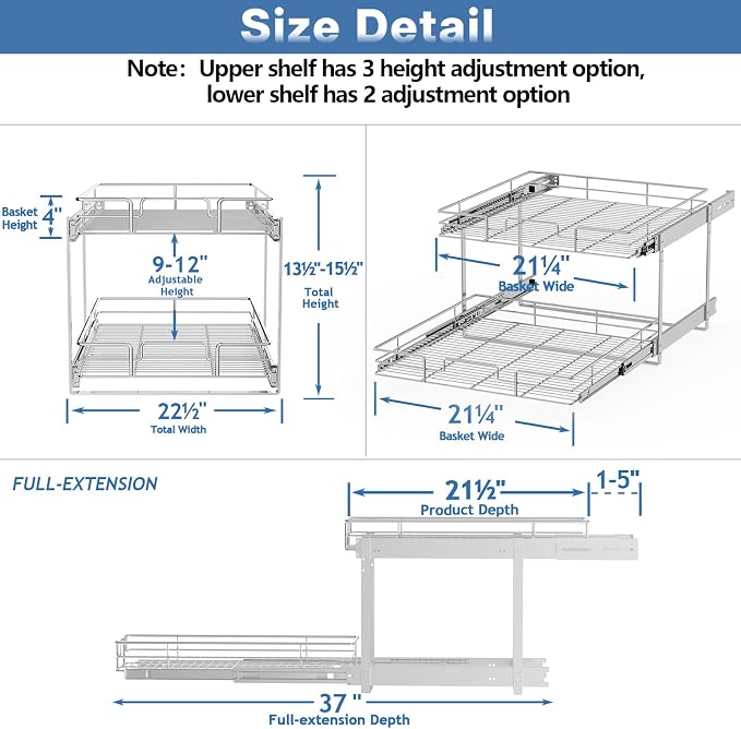 LOVMOR 2 Tier Individual Pull Out Cabinet Organizer 22½" W x 21½" D, Slide Out - Image 3