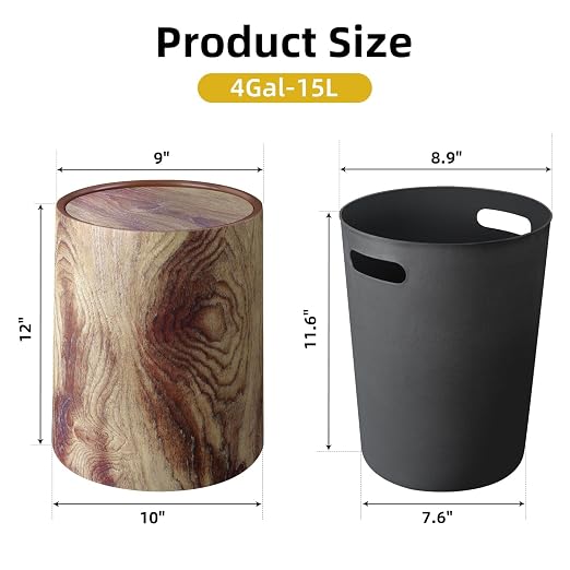 Wood Grain Plastic Trash Can Swing Top Lid, 4Gal/15L Farmhouse Wastebasket Bin - Image 4