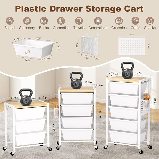 Rolling Cart with Drawers, Rolling Storage Cart with 4 Large Plastic Drawers & - Image 2