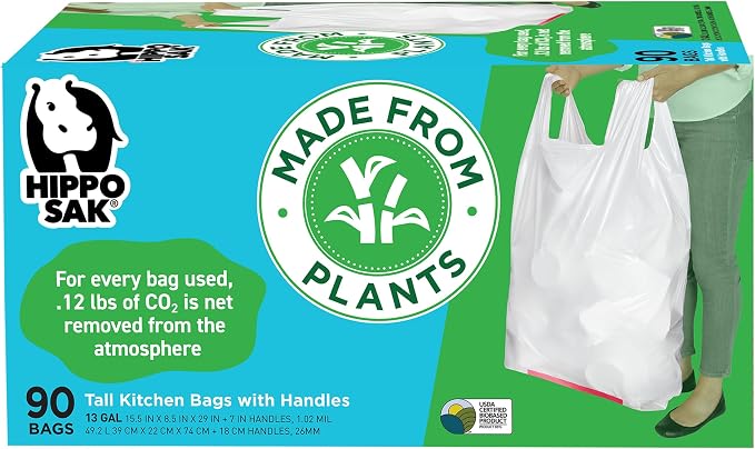 Hippo Sak - Plant Based Tall Kitchen Garbage Bags - 13 Gallon Trash Bags - by HippoSak