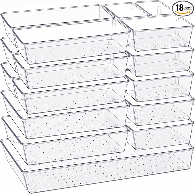 Criusia Drawer Organizer, 18 Pack Large Clear Plastic Kitchen Drawer Organizers by Criusia