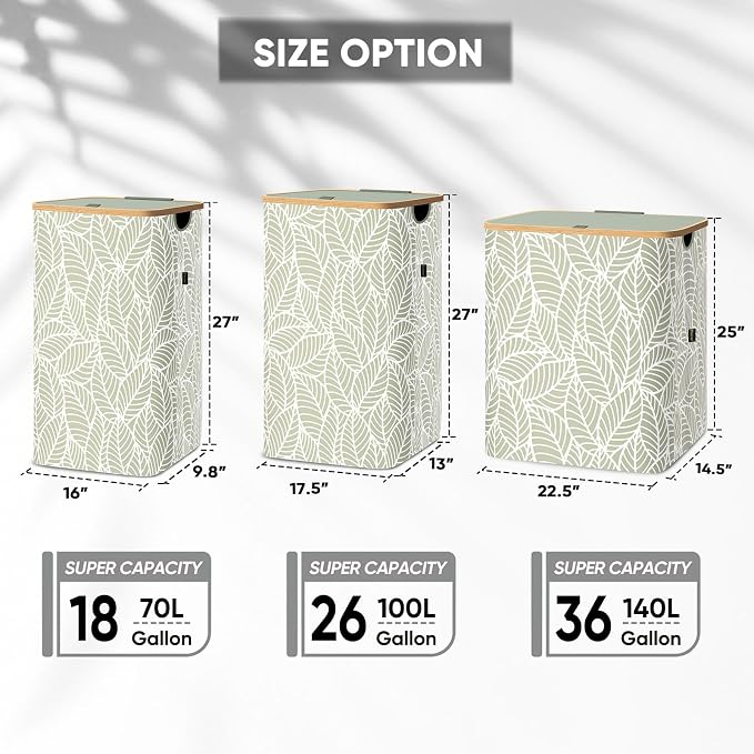 BALEINE Laundry Hamper with Lid, Tall Laundry Baskets with Bamboo Pull Handles - Image 2