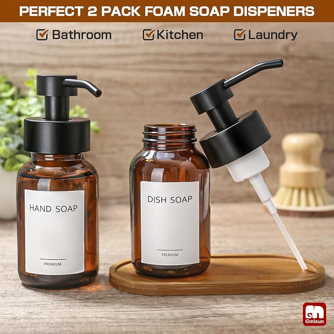 GMISUN Foaming Soap Dispenser, 8.5 fl oz / 250ml Amber Glass Foam Soap Dispenser - Image 4