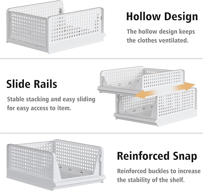 Proarea 4 Pack Stackable Plastic Storage Basket Closet Organizer Bin Foldable - Image 6