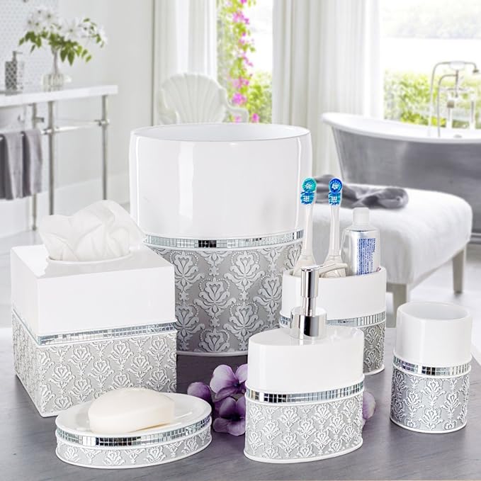 Creative Scents Mirror Damask White and Gray Bathroom Accessories Set - Image 2