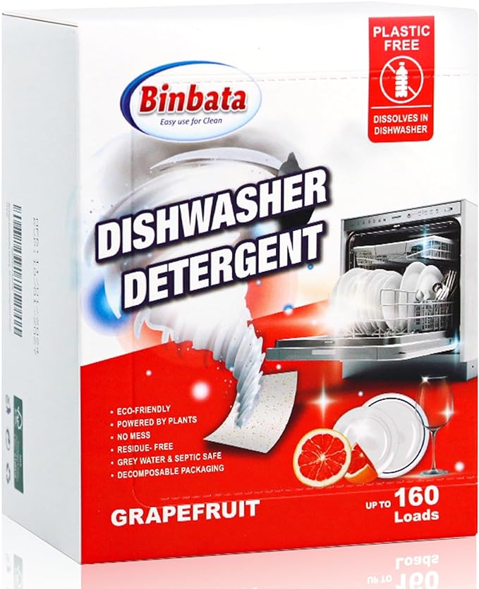 Eco Dishwasher Detergent Sheets Up To 160 Loads, Grapefruit Scent Plastic Free by Binbata