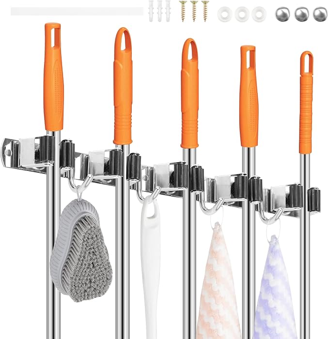 5Pcs 5 Racks 4 Hooks Stainless Steel Broom Mop Holder Anti Slip Wall Mount - Image 8