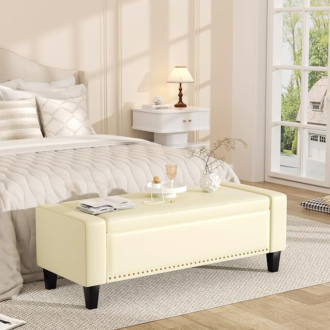 48.8" Storage Ottoman Bench Cream White | Faux Leather Bedroom Bench by Akmakm