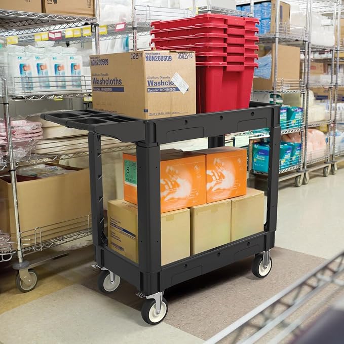 2 Shelf Heavy Duty Plastic Utility Cart, Service Cart Tub Storage W/Deep Shelve - Image 2
