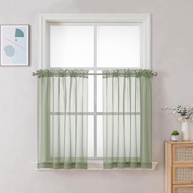 Chyhomenyc Sage Green Sheer Curtains 30 inch Length 2 Panels, Light Filtering by Chyhomenyc