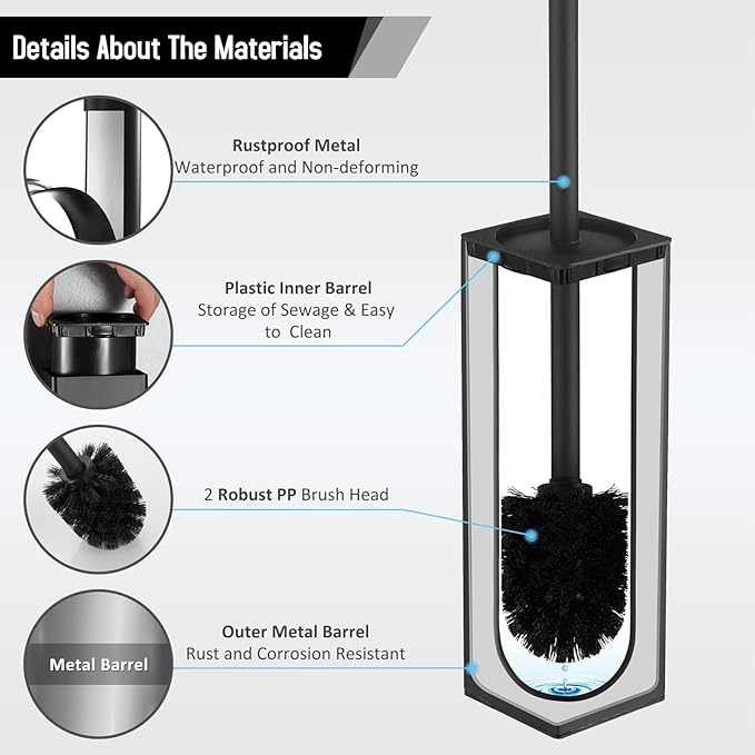 BGL Square Toilet Brush with Holder, Stainless Steel Rubber Painted Toilet Bowl - Image 7