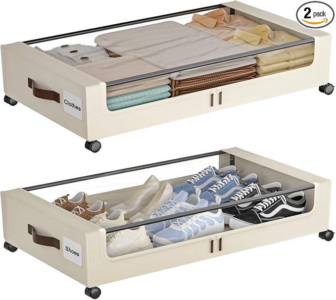 Under Bed Storage with Wheels, XXL 60L Under Bed Storage Containers with Clear by Gofujuco