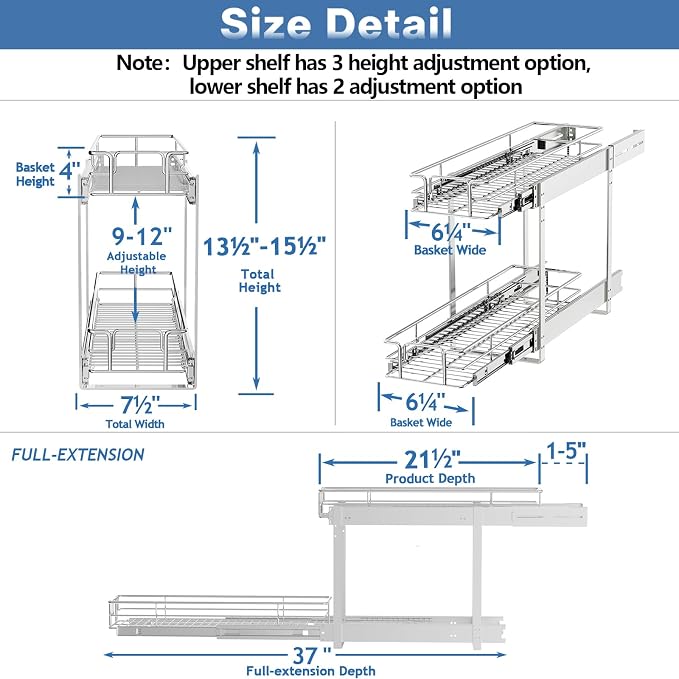 2 Tier Individual Pull Out Cabinet Organizer 7½" W x 21½" D, Heavy Duty Cabinet - Image 3