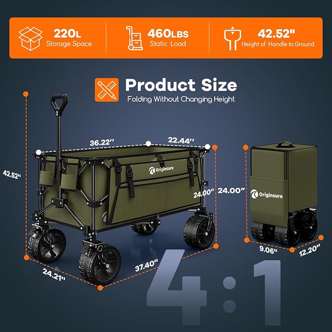 220L Collapsible Wagon Cart Foldable, 460lbs Load Capacity Heavy Duty Folding - Image 4