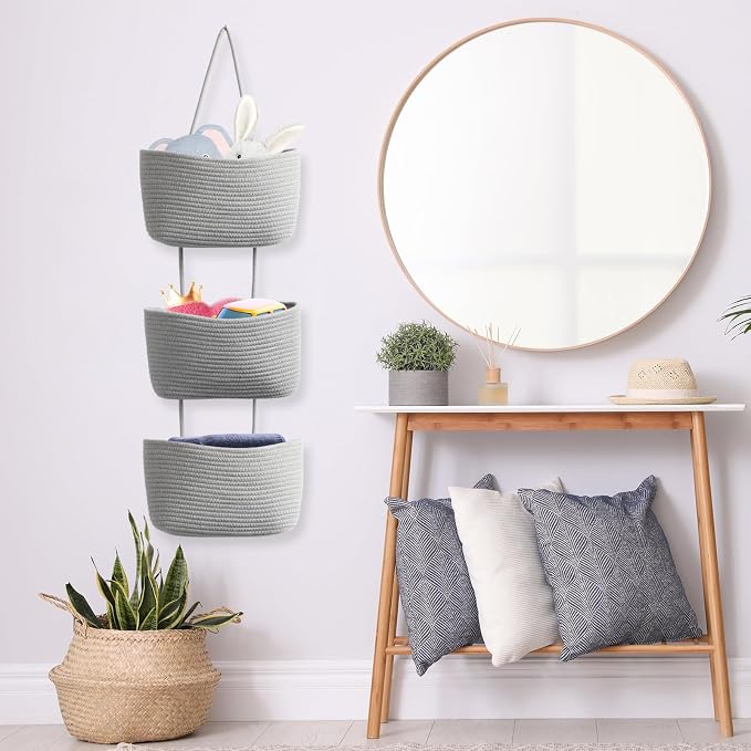 TeoKJ Over the Door Organizer, 3-Tier Woven Cotton Hanging Kitchen Baskets - Image 4