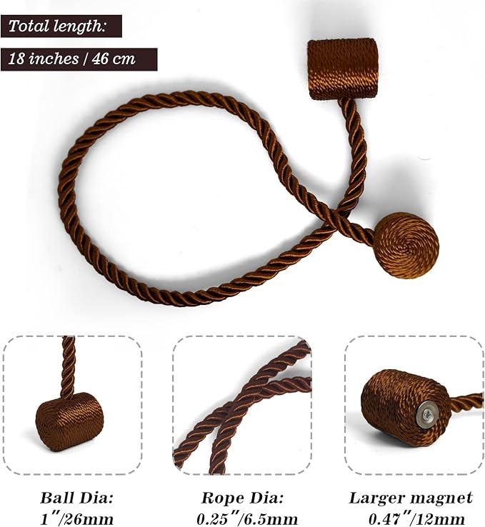 Hion Magnetic Curtain Tiebacks Dark Brown 4 Pack, Curtain Tiebacks Buckles - Image 2