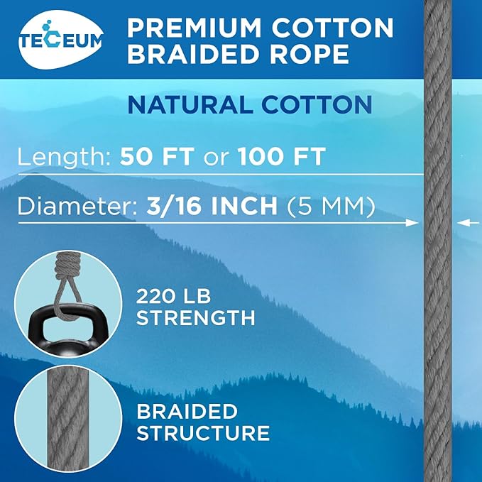 TECEUM Cotton Rope 3/16” – 50 FT – Strong All-Purpose Braided Rope – Natural - Image 2