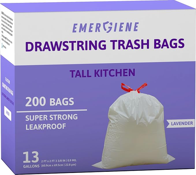13 Gallon Drawstring Trash Bags, Lavender Scented 200 Count Tall Kichen Garbage by Emergiene