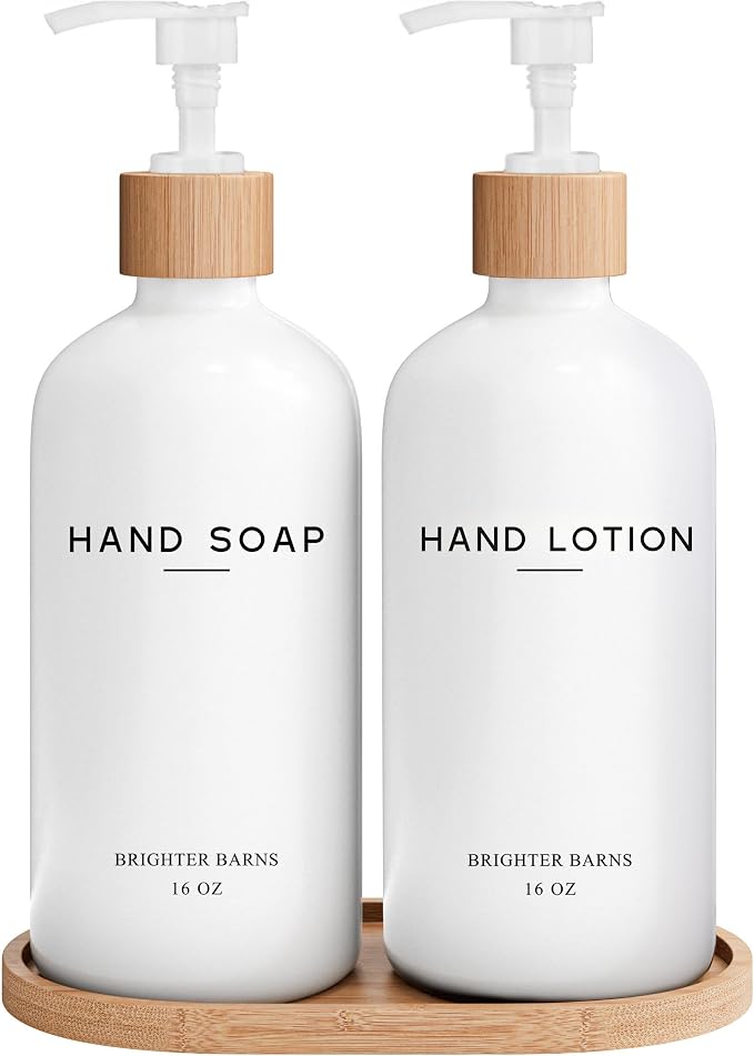 White Glass Soap and Lotion Dispenser Set by BrighterBarns