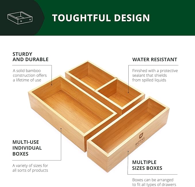 ROYAL CRAFT WOOD Luxury Bamboo Drawer Organizer Storage Box, Bin Set - Image 3