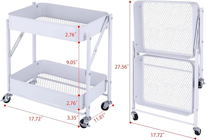 Melody House 2-Tier Metal Folding Rolling Cart, Mobile Utility Cart Trolley - Image 7