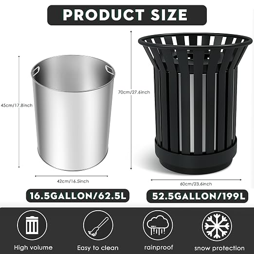 16Gallon/62L Commercial Outdoor & Indoor Metal Trash Can, Outdoor Slatted Trash - Image 6